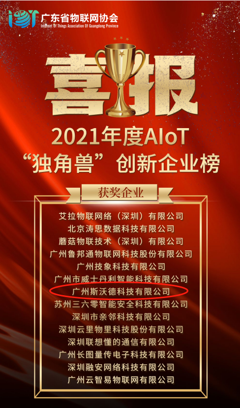 再摘殊榮！斯沃德科技獲“2021 AIoT獨角獸創新企業獎”